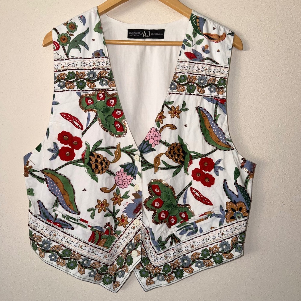 Vintage AJ Floral Beaded Sequin Cotton Vest White Botanical Boho Size L